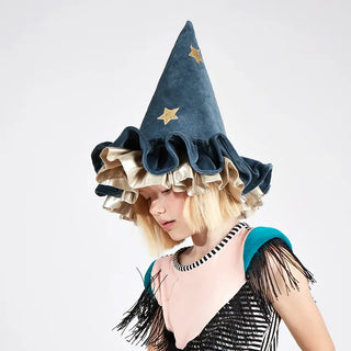 Chapeau pointu de sorcière en velours bleu anniversaire coton en herbe