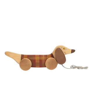 Chien saucisse en bois à tirer tartan friendly toys coton en herbe