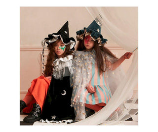 Chapeau pointu de sorcière en velours bleu anniversaire coton en herbe