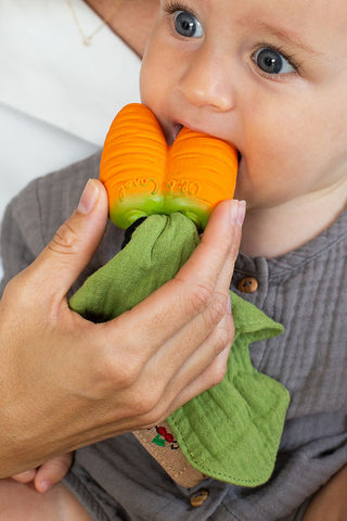 Mini doudou Cathy la Carotte oli & carol coton en herbe dents