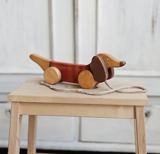 Chien saucisse en bois à tirer tartan friendly toys coton en herbe