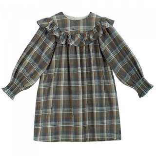 Robe Emma à carreaux bruns et col volanté pour enfant