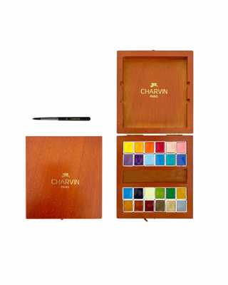 Boite en bois couleur merisier aquarelle extra-fine 24 demi godets