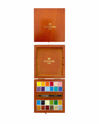 Boite en bois couleur merisier aquarelle extra-fine 24 demi godets