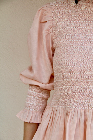 Blouse à smocks voile de coton carreau tissé nude