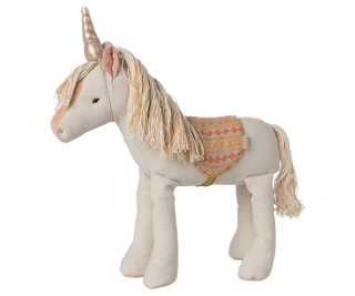 licorne maileg en tissu naturel avec corne dorée, coton en herbe