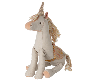 jouet licorne maileg avec crinière colorée et selle en tissu, coton en herbe