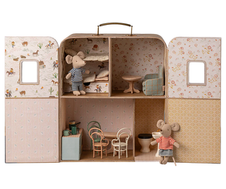 Suite-case maison portable Maileg pour Petite sœur et Petit frère souris, avec valise miniature. Coton en Herbe