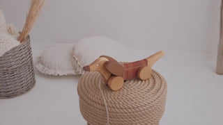Chien saucisse en bois à tirer tartan friendly toys coton en herbe