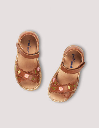 Sandale enfant petit nord fleurs brodées cognac chez coton en herbe 